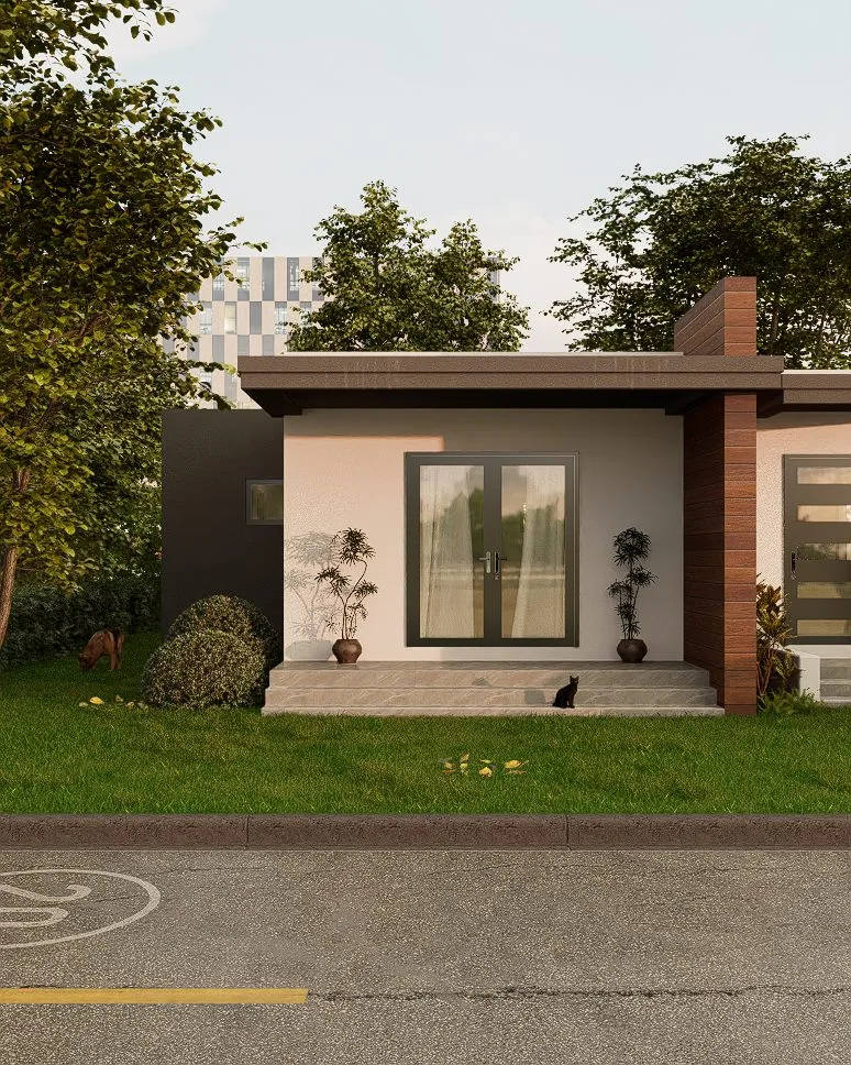 Photorealistic render of a residence with a classic façade design.